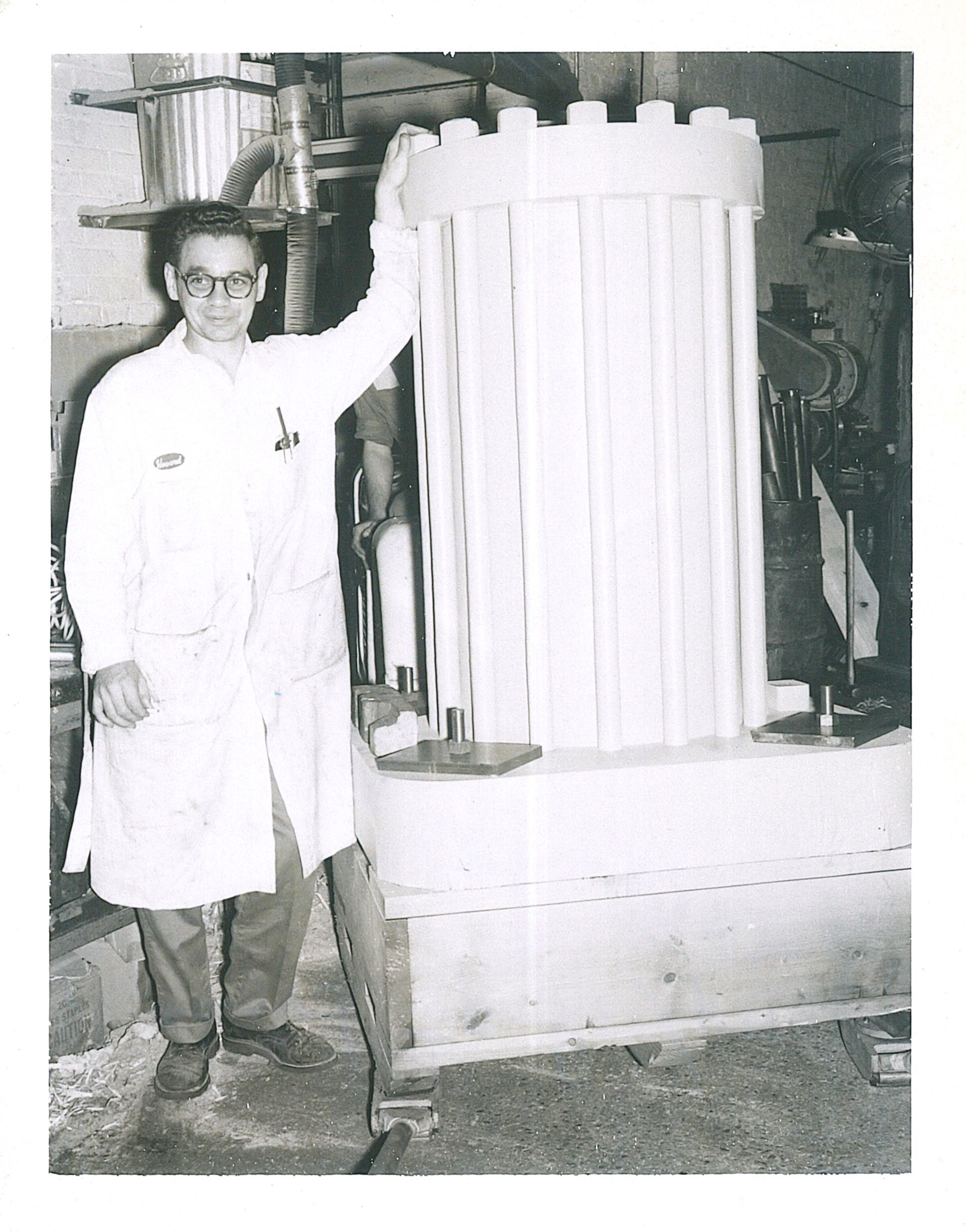 Sheffer engineer with a nuclear-grade cylinder assembly, circa 1969